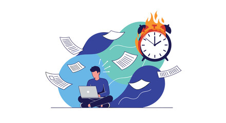 Obraz premium Stressed office worker sitting with a laptop surrounded by flying papers while a giant flaming alarm clock counts down a fast approaching deadline.