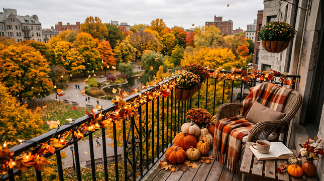 Autumn balcony with pumpkins and plaid blanket, view of park in fall colors.