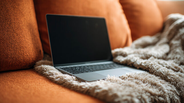 blank laptop on orange cozy couch, soft focus