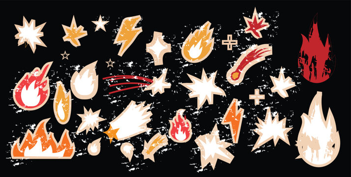 Fire flame icon doodle collage set. Doodle scrapbook sticker. Vector brush crayon fire flame star bolt. Punk lightning bolt explosion energy blast sticker rock power burst. Vector illustration 