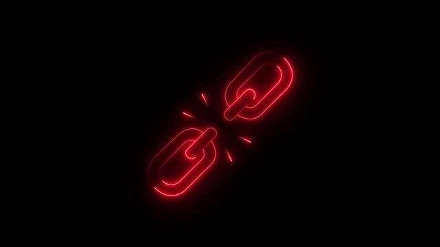 Glowing neon unlink icon isolated on black background. broken Link icon animation.