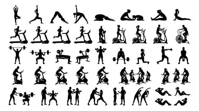Silhouette flat vector collection of gym fitness architecture entourage elements with workout exercise and yoga poses
