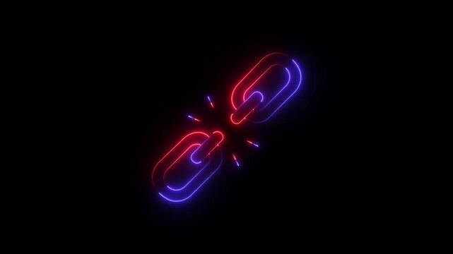 Glowing neon unlink icon isolated on black background. broken Link icon animation.