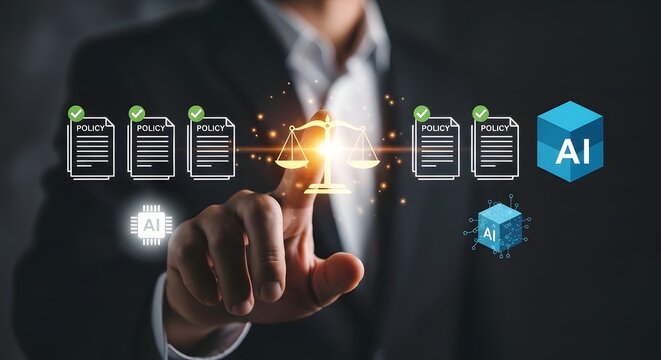 Businessman touching digital interface representing artificial intelligence policy regulation, legal compliance for AI technology, ethics, governance, and justice concept for modern corporate