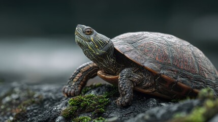 Obraz premium Photorealistic map turtle perched on mossy rock in moody natural setting