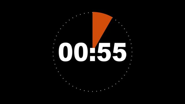 1 minute countdown timer animation. 1 minute circle Countdown timer from 60 to 0 animation on black background. 1 minute Digital Countdown Timer Animation