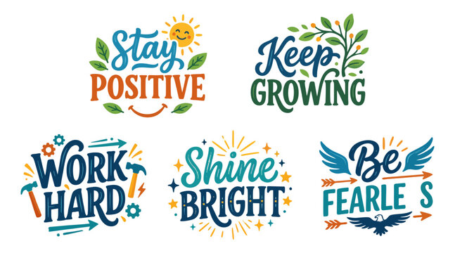 Colorful motivational lettering vector graphic set featuring positive quotes with decorative elements like suns leaves arrows and wings for inspiration
