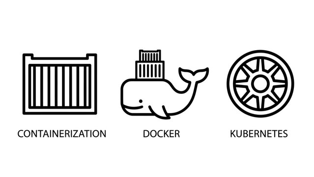 Icon set for cloud software engineering containerization docker whale and kubernetes wheel with containerization kubernetes software engineering development infrastructure deployment technology