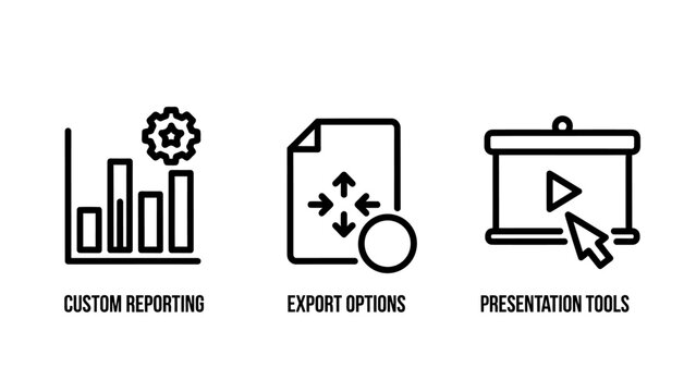 Business performance analytics icon set for custom reporting export options and presentation tools with reporting analytics presentation business document interface management software