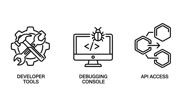 Software development and programming icon set for developer tools debugging console and api access with developer debugging programming software computer interface development application