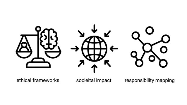 Set of ethical frameworks and societal impact icons with societal responsibility framework business integrity corporate decision connection principles standard philosophy community