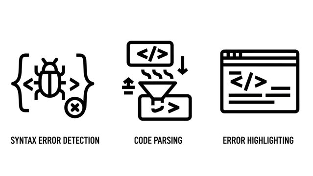 Software development coding and debugging outline icons with detection programming software development computer language analysis engineering technology optimization interface terminal