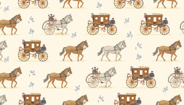 Seamless pattern with vintage horse carriages and walking horses