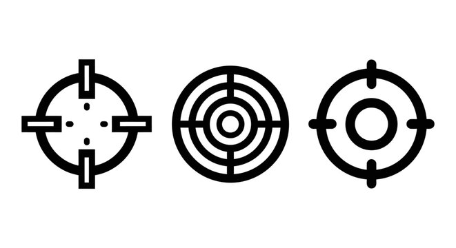 Three variations of target scope crosshair icons for precision and strategic goal setting with crosshair precision strategy accuracy shooting business marketing planning performance objective