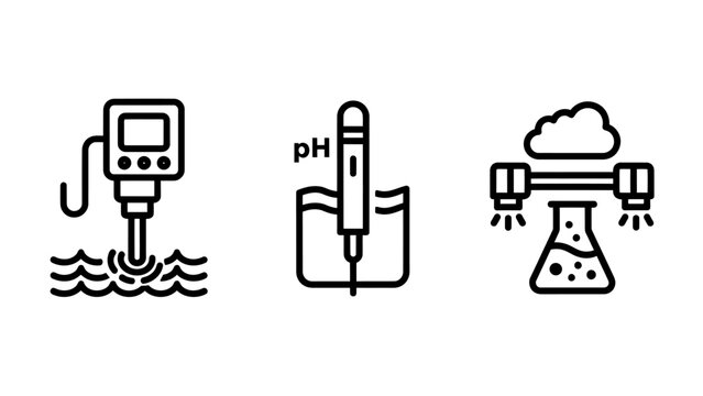Laboratory testing and water analysis icon set with p h sensor and chemical beaker laboratory analysis chemical research experiment equipment chemistry industrial waterproof measurement
