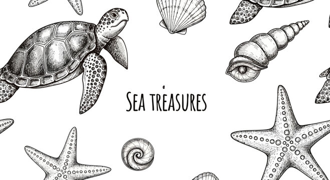 Hand Drawn Sea Treasures Pattern with Sea Turtle and Starfish