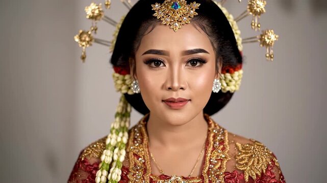 Beautiful Indonesian Woman in Traditional Javanese Wedding Attire.