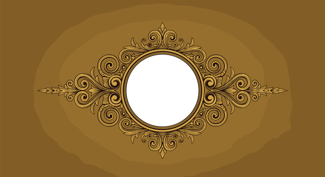 Ornate vintage gold frame with intricate scrolls and a white circular center set against a brown layered background for portraits.