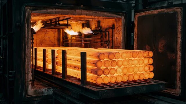 Medium shot of a loaded aluminum billet homogenizing furnace with glowing billets arranged inside highlighting the intense heat treatment process before extrusion