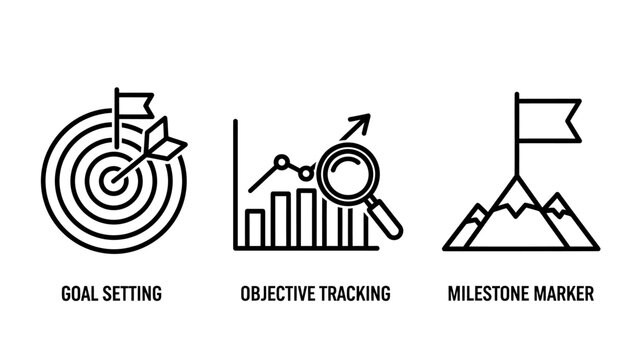 Business success icons set showing goal setting objective tracking and milestone marker concept with objective milestone achievement planning business strategy performance bullseye magnifying