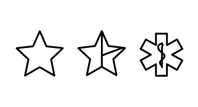 Star and medical emblem icons set including basic star split star and star of life symbol with illustration emergency hospital medicine geometry astronomy favorite collection abstract