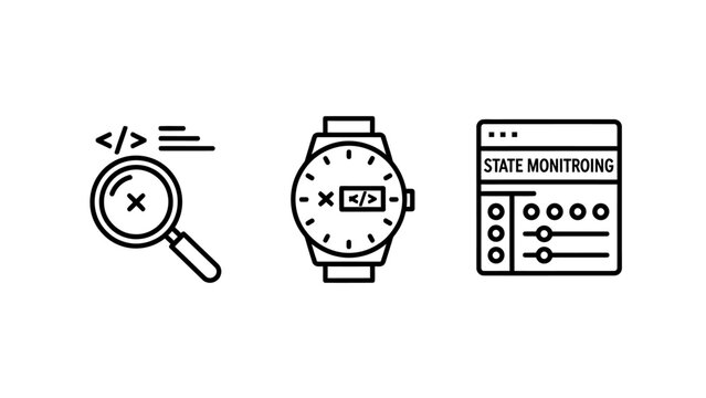 Software development monitoring and code debugging technical icons line art with magnifying monitoring software development programming technical analysis parameters settings interface