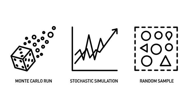 Set of data analysis and statistical process icons including dice trends samples with analysis statistics simulation stochastic probability mathematics business financial information research