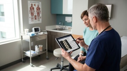 Fototapeta premium Doctor Explains Medical Results On Tablet To Patient In Clinic