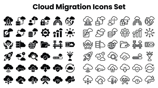 Cloud migration icons set featuring various computer network and internet symbols