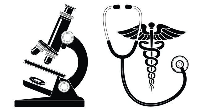 Medical symbols including a microscope and stethoscope with caduceus