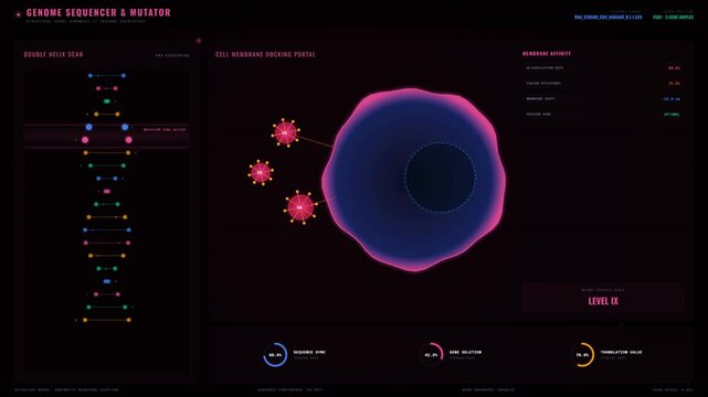 Genetic Sequencing and Mutation Analysis Interface Showing DNA Helix Structure with Molecular Markers and Cell Interaction for Scientific Research and Biomedical Laboratory Technology Studies