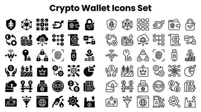 A collection of various cryptocurrency wallet icons on a white background