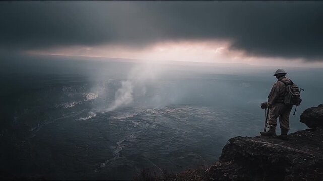 Hiker observes a dramatic landscape under a stormy sky