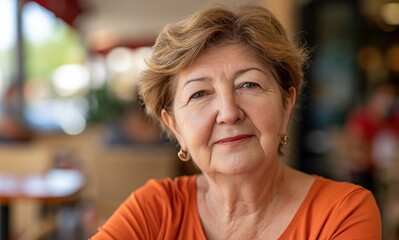 Fototapeta premium Close-up portrait of a smiling, confident senior woman with styled auburn hair, wearing an orange shirt.