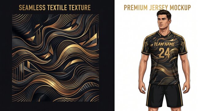 Premium sports jersey vector template in elegant black with luxury gold wave lines and abstract hexagonal patterns, perfect for exclusive team uniforms or trendy casual wear.