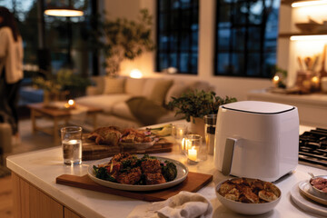 Fototapeta premium A warm, inviting kitchen scene featuring a modern air fryer alongside a beautifully plated meal, candles creating a cozy ambiance, perfect for gatherings or family dinners.