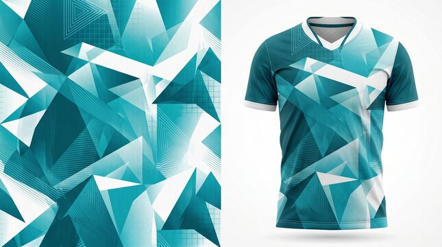 Professional sports jersey design template featuring a geometric abstract triangle pattern in teal, white, and grey, displaying a dynamic and sporty look for football or marathon team uniforms.