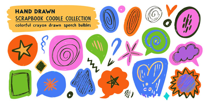 Colorful Crayon Drawn Speech Bubbles And Shapes Vector Illustration