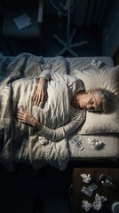 Obraz premium Elderly Person Sleeping In Bed With Many Tissues Close By