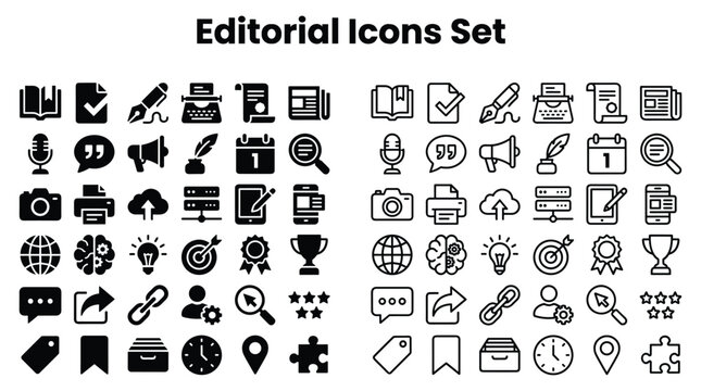Editorial icons set featuring various symbols and graphics for design