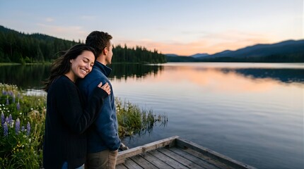 Fototapeta premium Happy couple embracing on a wooden dock by a serene lake at sunset