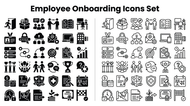 Employee onboarding process icons set for business workflow
