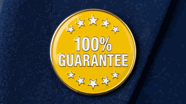 Circular yellow badge with white text reading 100% GUARANTEE, surrounded by stars, placed against dark blue fabric background emphasizing trust&hellip;
