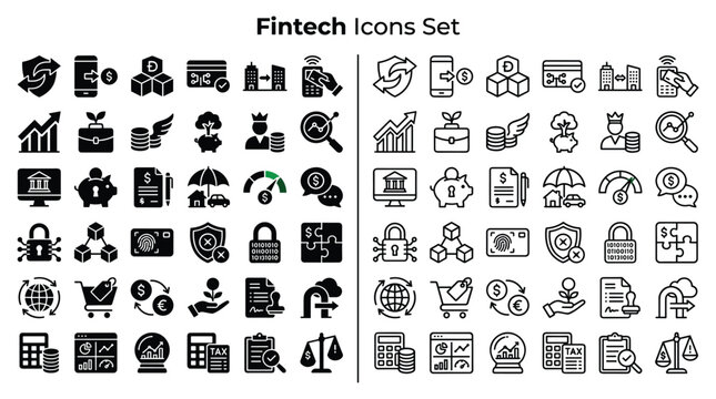 Fintech icons set for business and finance applications online