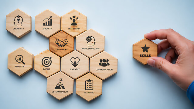 Professional skills development concept with wooden hexagon blocks showing teamwork leadership creativity and problem solving abilities