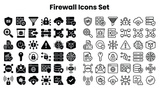 Firewall icons set for network security and technology applications