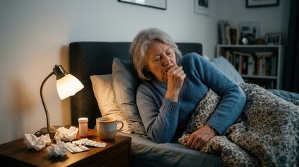 Obraz premium Elderly Woman Coughing In Bed At Night