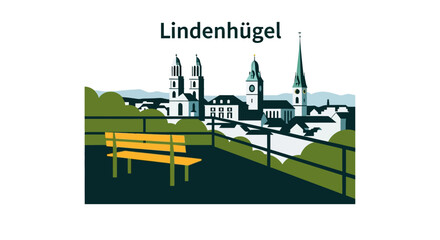 Naklejka premium Scenic Illustration of Lindenhügel Town with Bench Viewpoint.