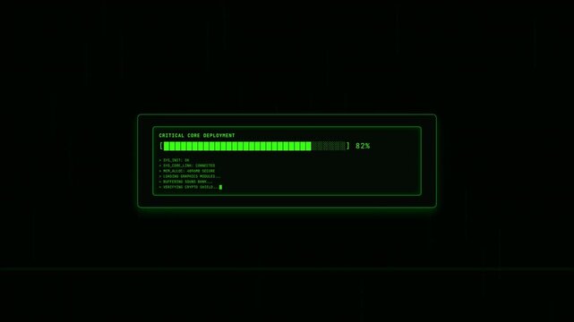 Green Progress Loading Bar Animation Sequence Showing Data Download Process on Black Screen Interface for Digital Computing Systems and Software Installation Progress Monitoring Concept