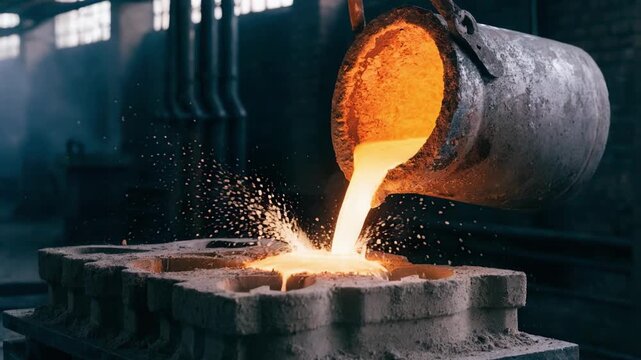 Closeup of molten ductile iron being poured into a sand mold highlighting the intense heat and glowing metal during the hand plane body casting process